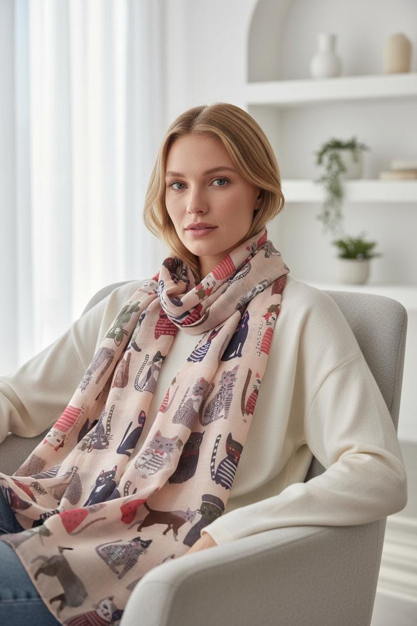 Cute Cat Print Shawl Wrap Scarf All Seasons Scarves For Cat Lovers Comes with a gift bag