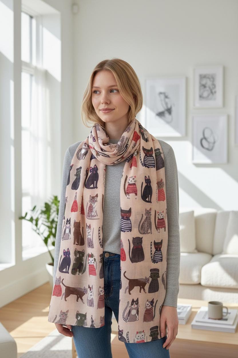 Cute Cat Print Shawl Wrap Scarf All Seasons Scarves For Cat Lovers Comes with a gift bag