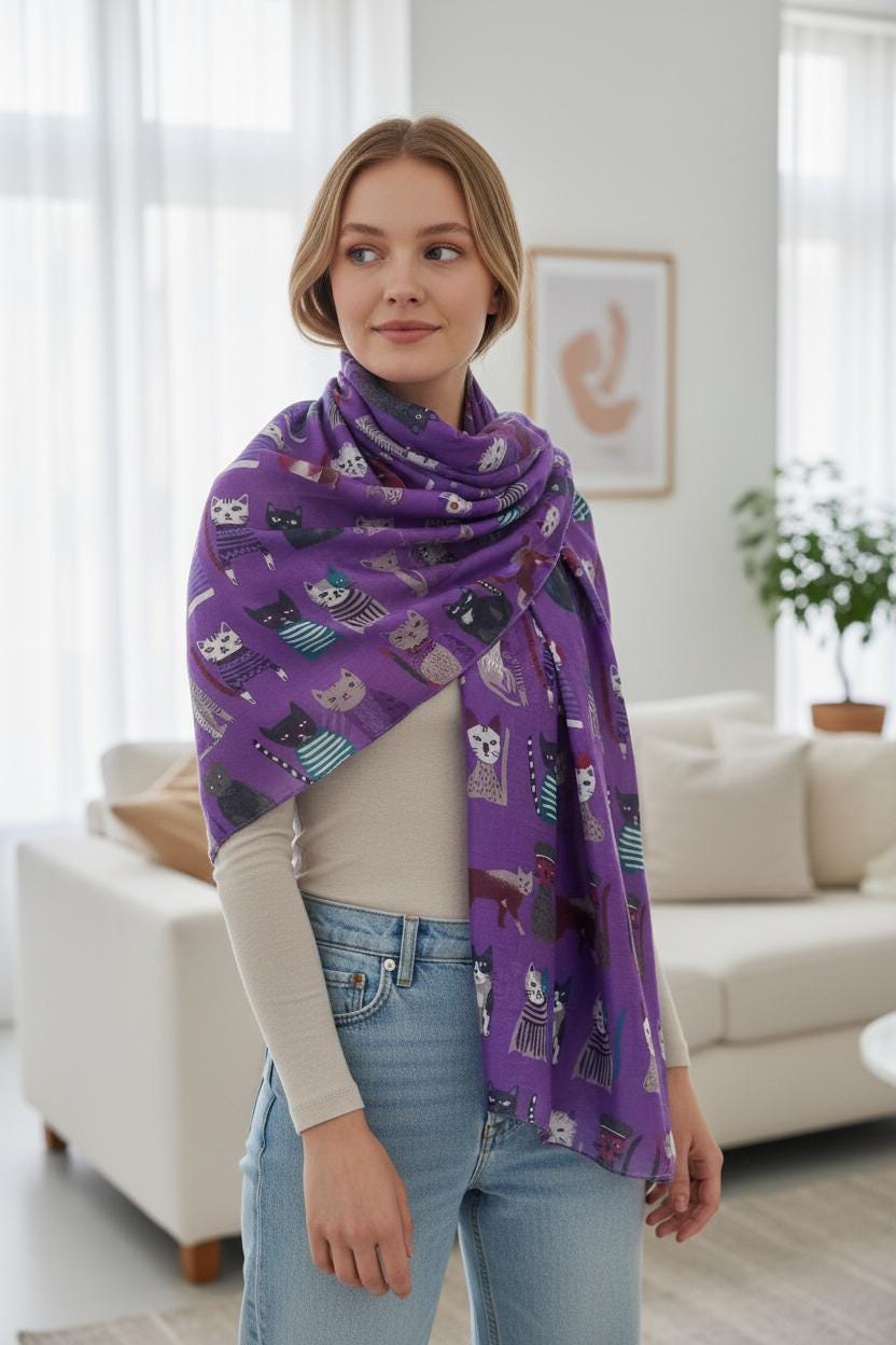 Cute Cat Print Shawl Wrap Scarf All Seasons Scarves For Cat Lovers Comes with a gift bag