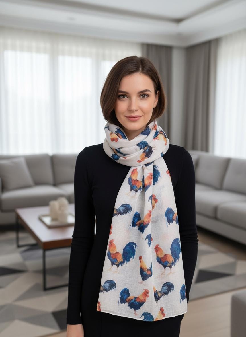 Rooster Print Scarf: Lightweight Chicken Scarf, Farm Animal Fashion Comes with a gift bag