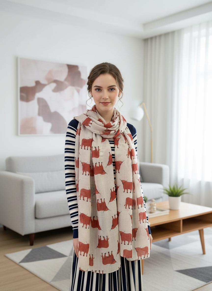 Scottish Highland Cow Printed Scarf with Horns Print Scarves Wrap