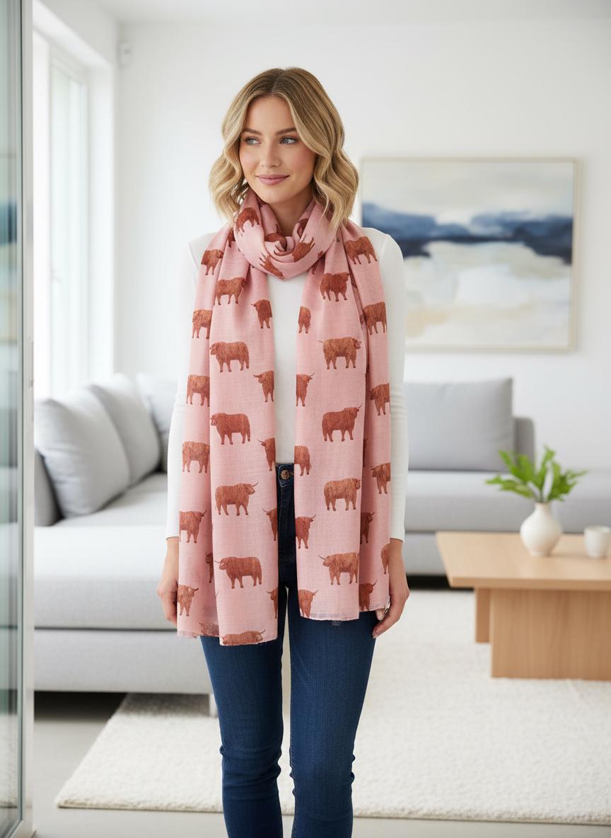 Scottish Highland Cow Printed Scarf with Horns Print Scarves Wrap