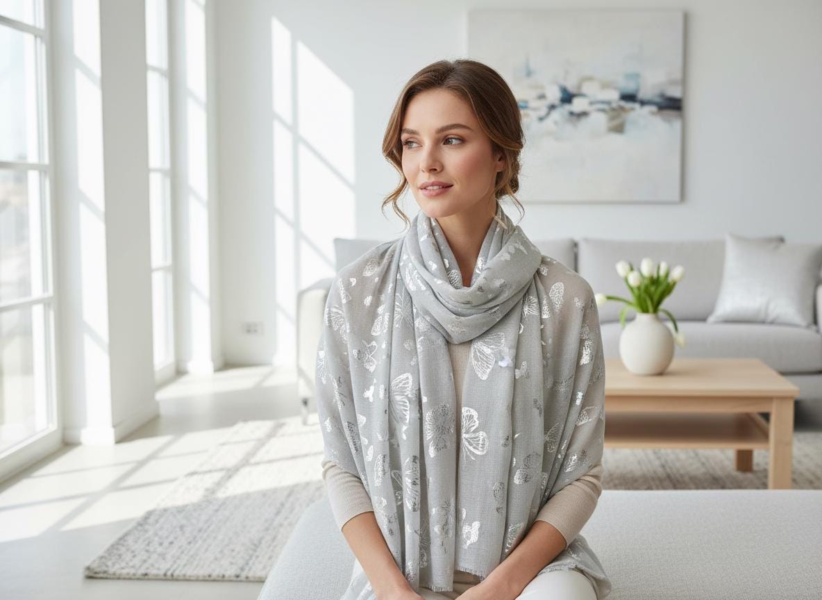 Foil Butterfly Print Ladies Celebrity Style Scarves Scarf Wrap Comes with a gift bag
