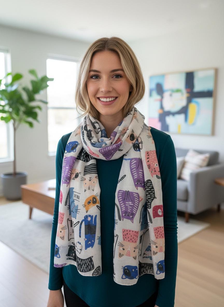 Cute Cat Print Scarf Soft Scarves For Cat Lovers Comes with a gift bag