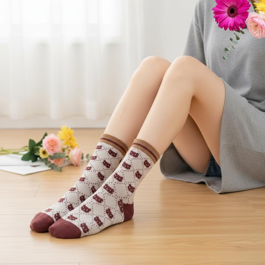 Ladies Seamless Soft Comfort Set of 6 Cat Paw Love Heart Pattern Crew Socks Premium Quality Gift for Cat Lovers comes with a gift bag
