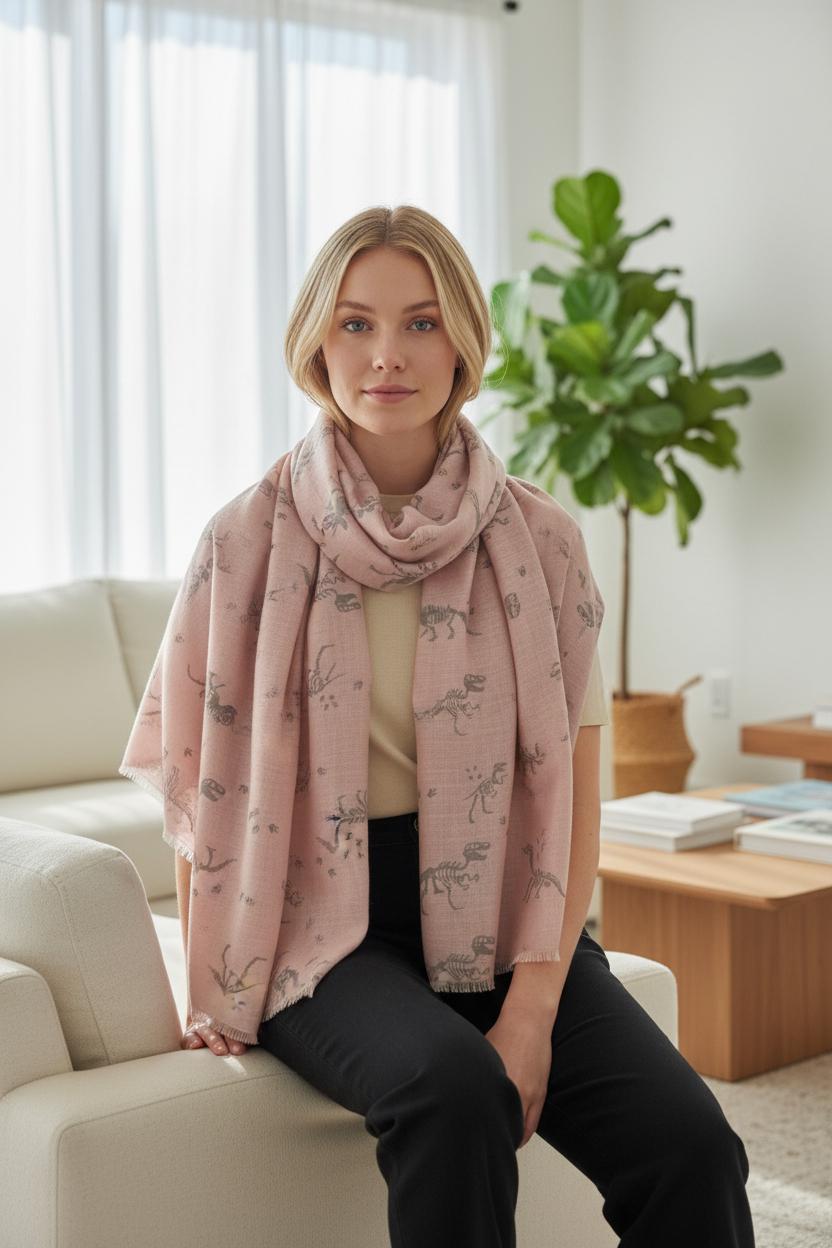 Wrap yourself in prehistoric style with this charming dinosaur skeleton print scarf Featuring an all-over fossil-inspired dinosaur pattern