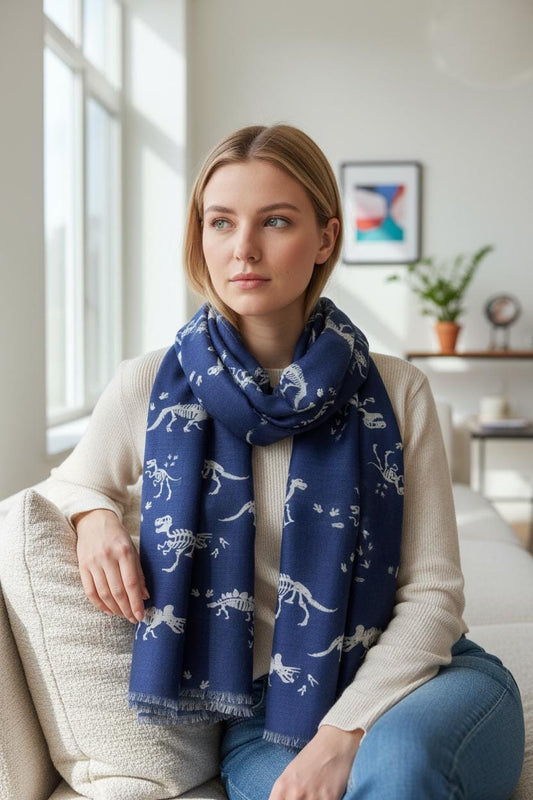 Wrap yourself in prehistoric style with this charming dinosaur skeleton print scarf Featuring an all-over fossil-inspired dinosaur pattern