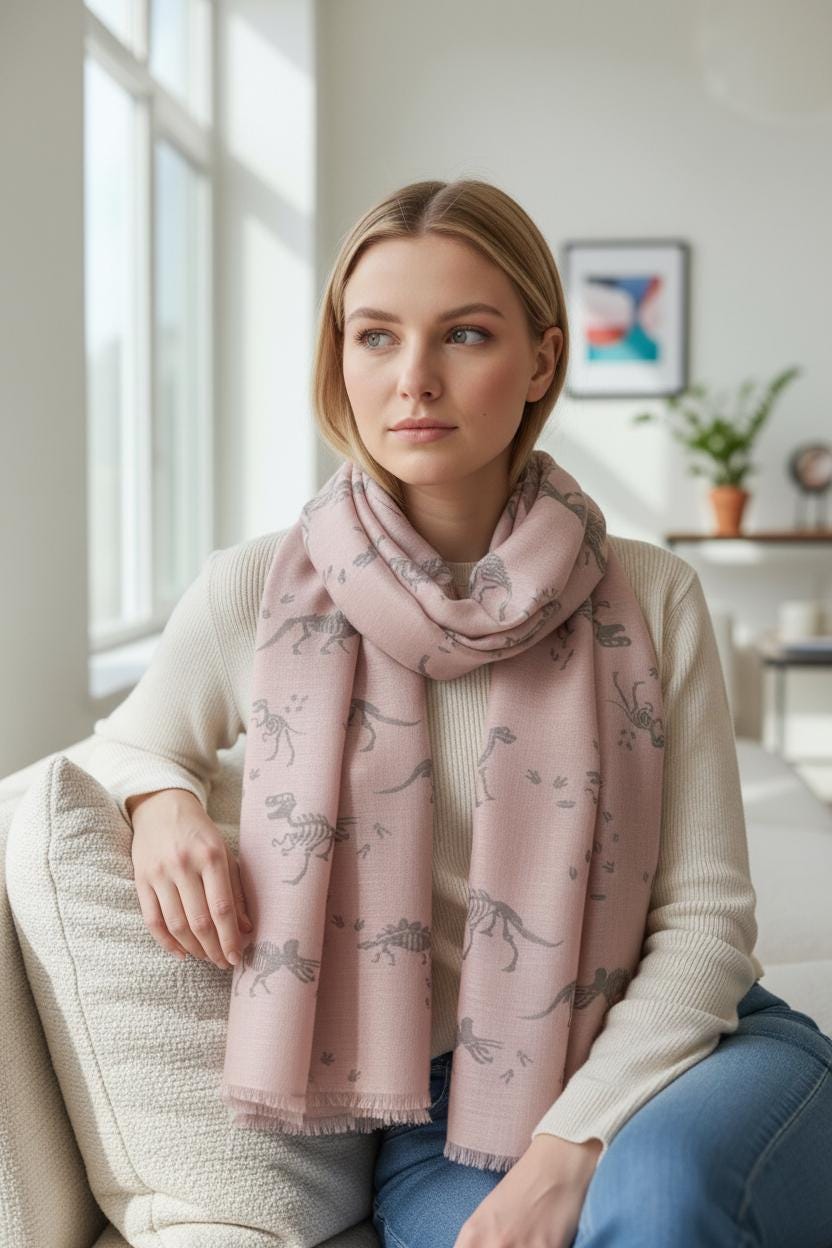 Wrap yourself in prehistoric style with this charming dinosaur skeleton print scarf Featuring an all-over fossil-inspired dinosaur pattern