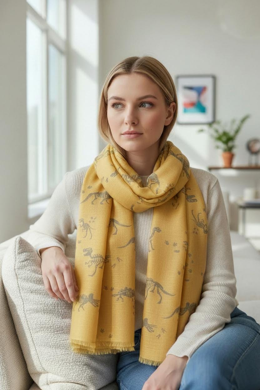 Wrap yourself in prehistoric style with this charming dinosaur skeleton print scarf Featuring an all-over fossil-inspired dinosaur pattern
