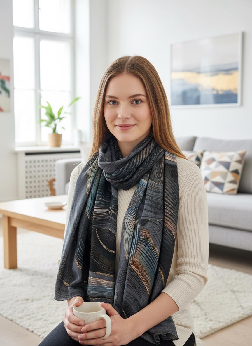 Rose gold outlined Swirl Wave Print Pashmina Shawl Comes with a gift bag