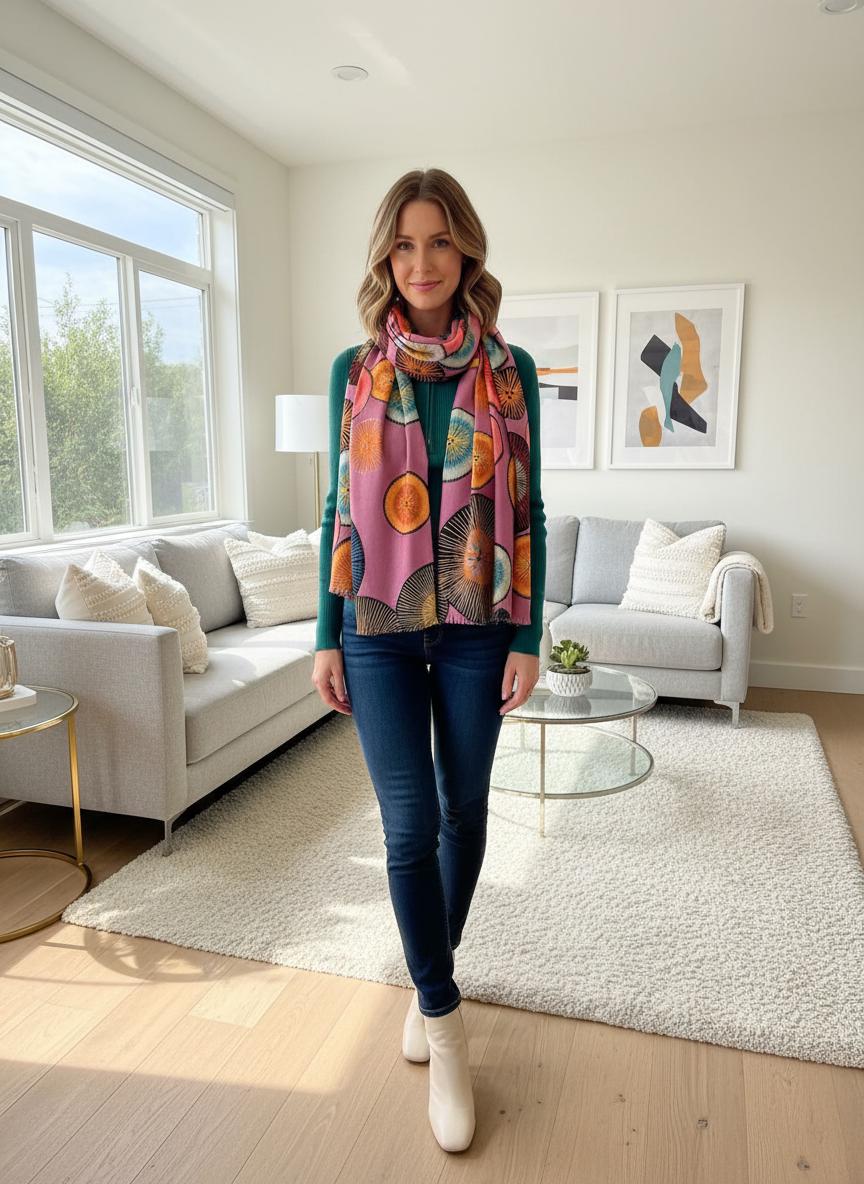 Bold Abstract Circle Pattern Fashion Scarf Wrap Shawl Pashmina Shawl Rose Gold Outline Comes with a gift bag