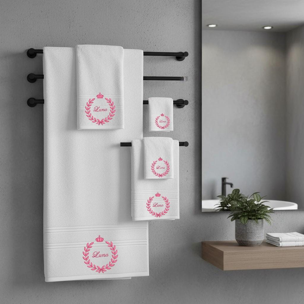 Soft Cotton Bath Towel with Crown Embroidery Personalized Embroidered Cotton Towel Set