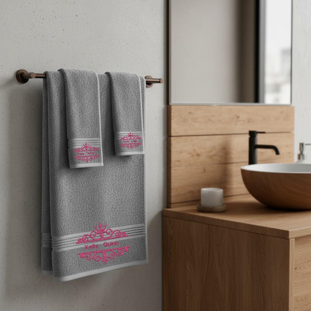 Crown Embroidered Facecloths, Hand Towels, Bath Towels & Bath Sheets – Custom Initials Comes with a gift bag