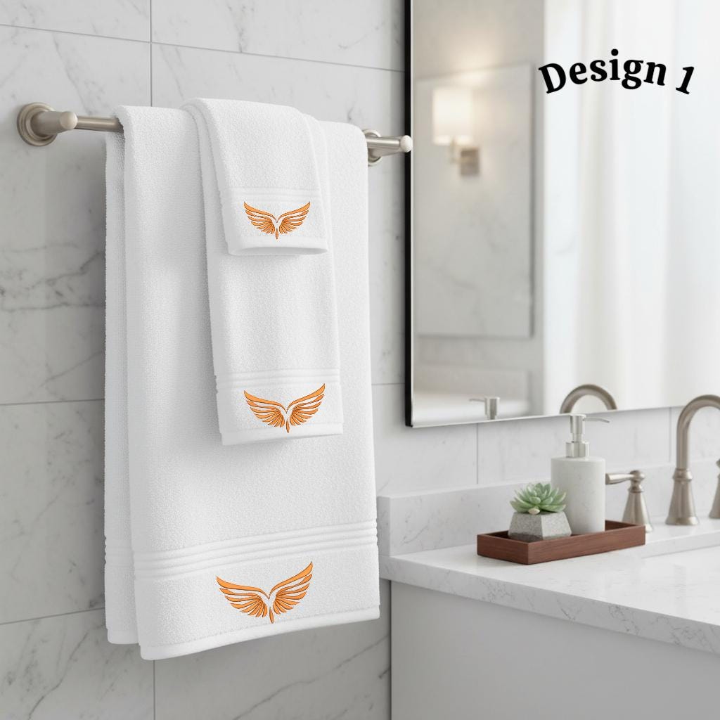 Elegant Wing Embroidered Facecloths, Hand Towels, Bath Towels & Bath Sheets – Custom Initials Comes with a gift bag