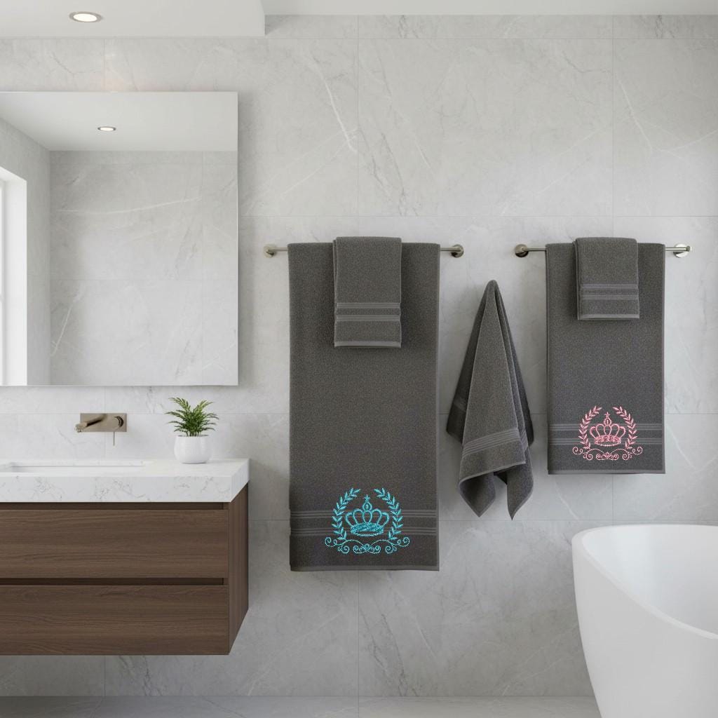 Crown Embroidered Facecloths, Hand Towels, Bath Towels & Bath Sheets – Custom Initials Comes with a gift bag