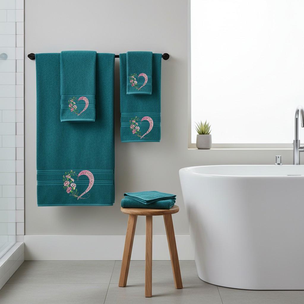 Heart Flower Embroidered Facecloths, Hand Towels, Bath Towels & Bath Sheets – Custom Initials Comes with a gift bag
