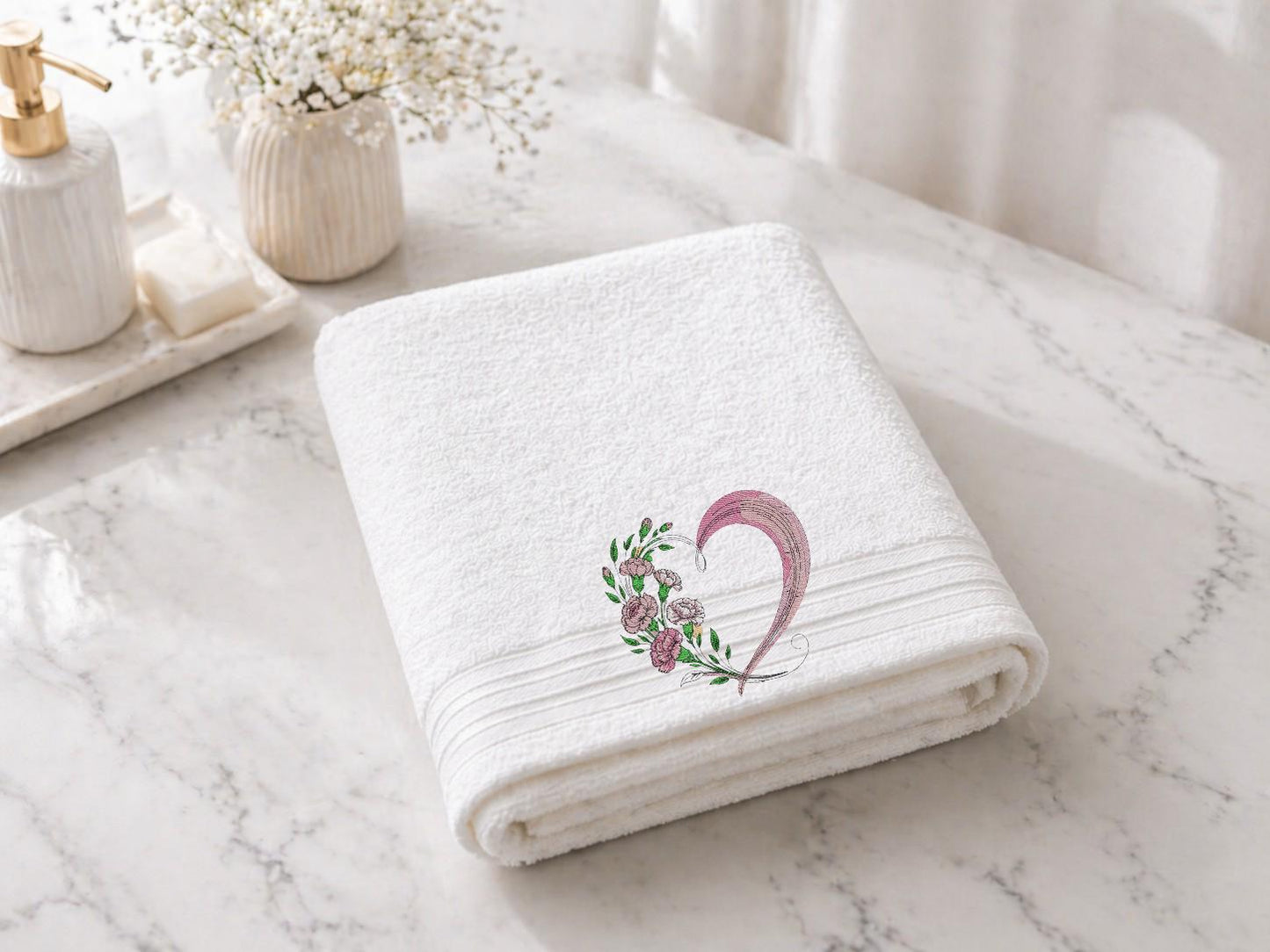 Heart Flower Embroidered Facecloths, Hand Towels, Bath Towels & Bath Sheets – Custom Initials Comes with a gift bag