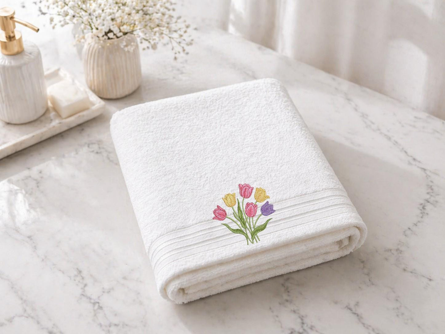 Tulip Flower Embroidered Facecloths, Hand Towels, Bath Towels & Bath Sheets – Comes with a gift bag