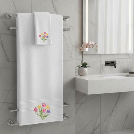 Tulip Flower Embroidered Facecloths, Hand Towels, Bath Towels & Bath Sheets – Comes with a gift bag