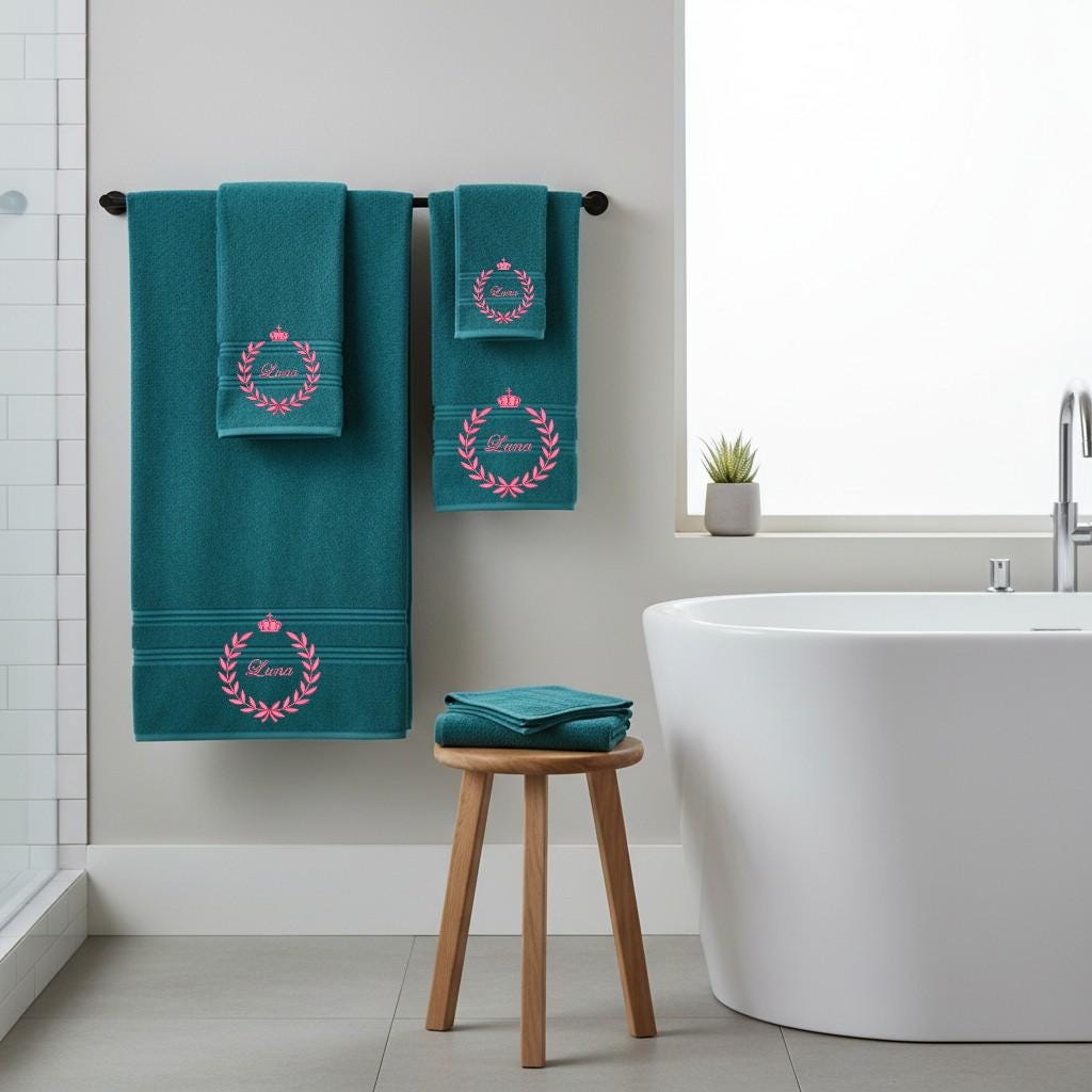 Soft Cotton Bath Towel with Crown Embroidery Personalized Embroidered Cotton Towel Set
