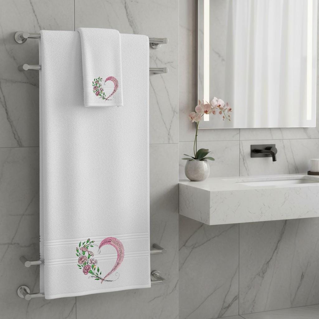 Heart Flower Embroidered Facecloths, Hand Towels, Bath Towels & Bath Sheets – Custom Initials Comes with a gift bag