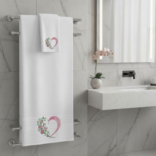 Heart Flower Embroidered Facecloths, Hand Towels, Bath Towels & Bath Sheets – Custom Initials Comes with a gift bag