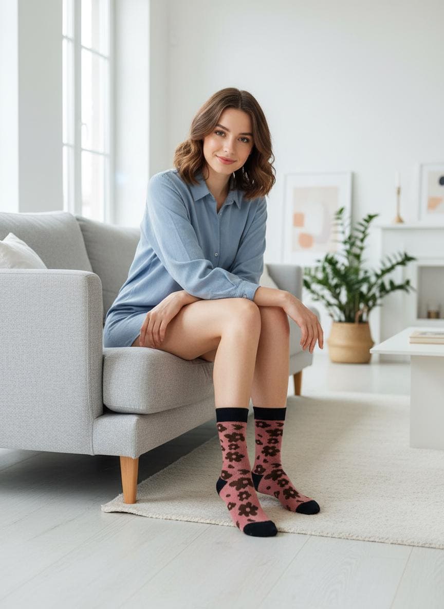 Ladies Seamless Soft Comfort Flower Pattern Crew Socks Premium Quality Gift for Her