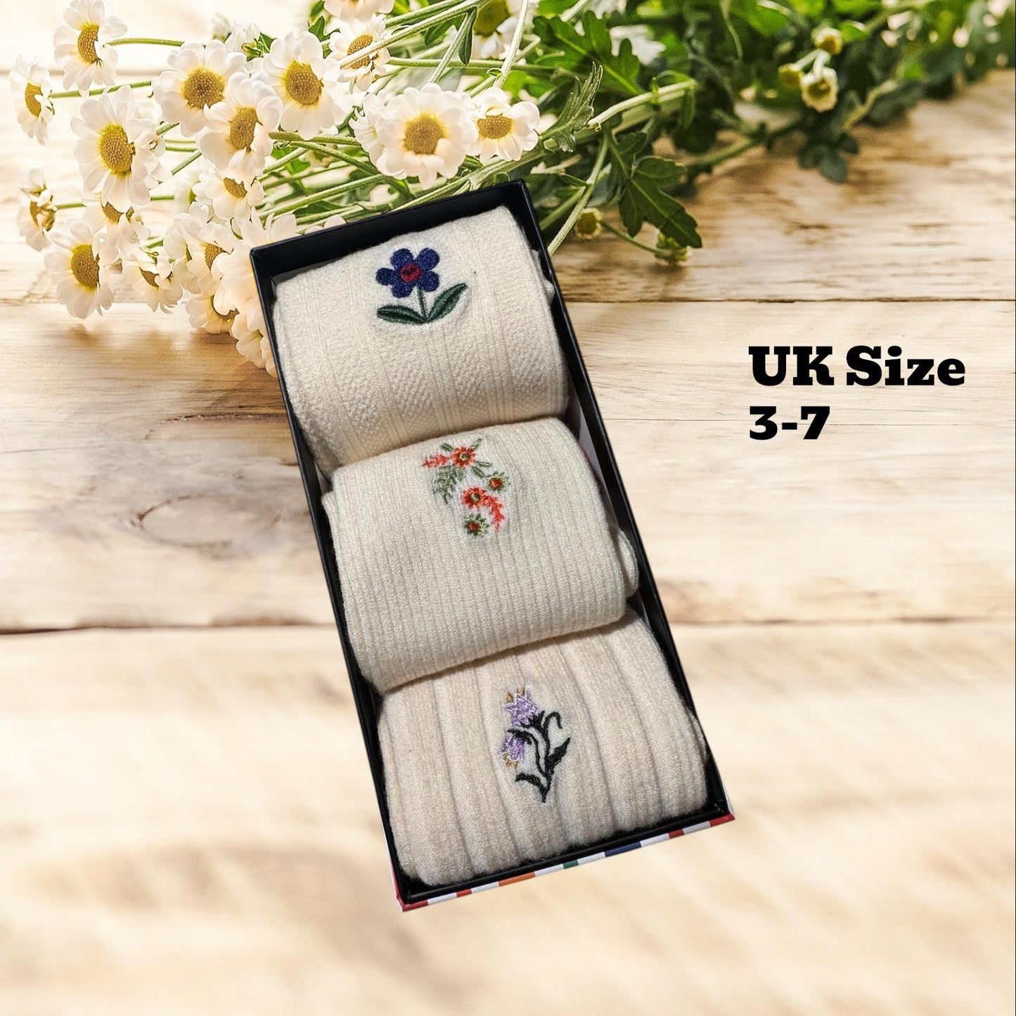 Ladies Seamless Soft Comfort Set of 3 Embroidered Floral Pattern Crew Socks Premium Quality Gift for Her comes with a gift bag