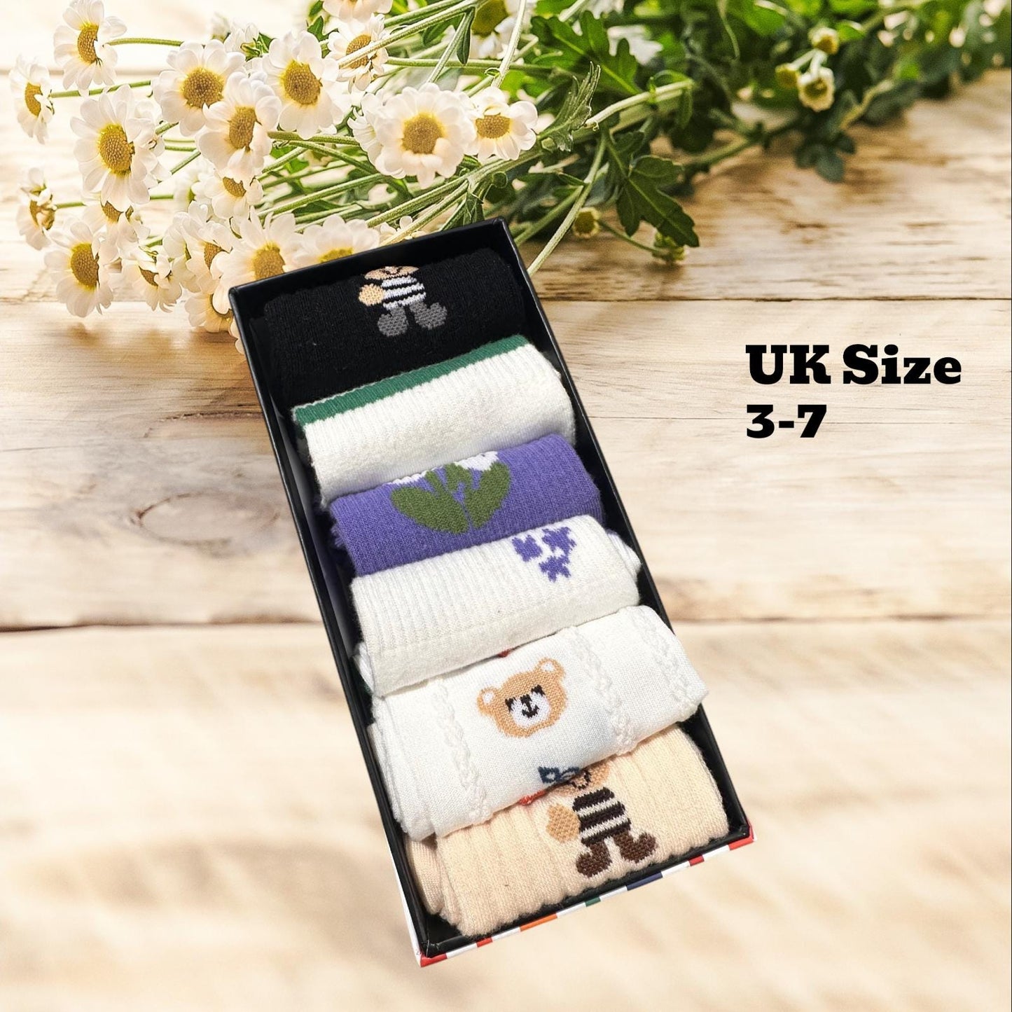 Women Set Of 6 Crew Sock Floral Bear Rabbit Embroidery Dainty Spring Patterns Retro Athletic Striped Designs comes with a gift bag