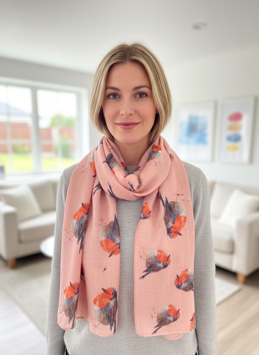 Watercolour Robin Bird Print Scarf Shawl Wrap Scarves Come With a Gift bag