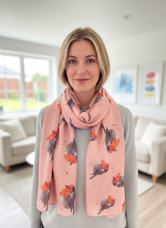 Watercolour Robin Bird Print Scarf Shawl Wrap Scarves Come With a Gift bag