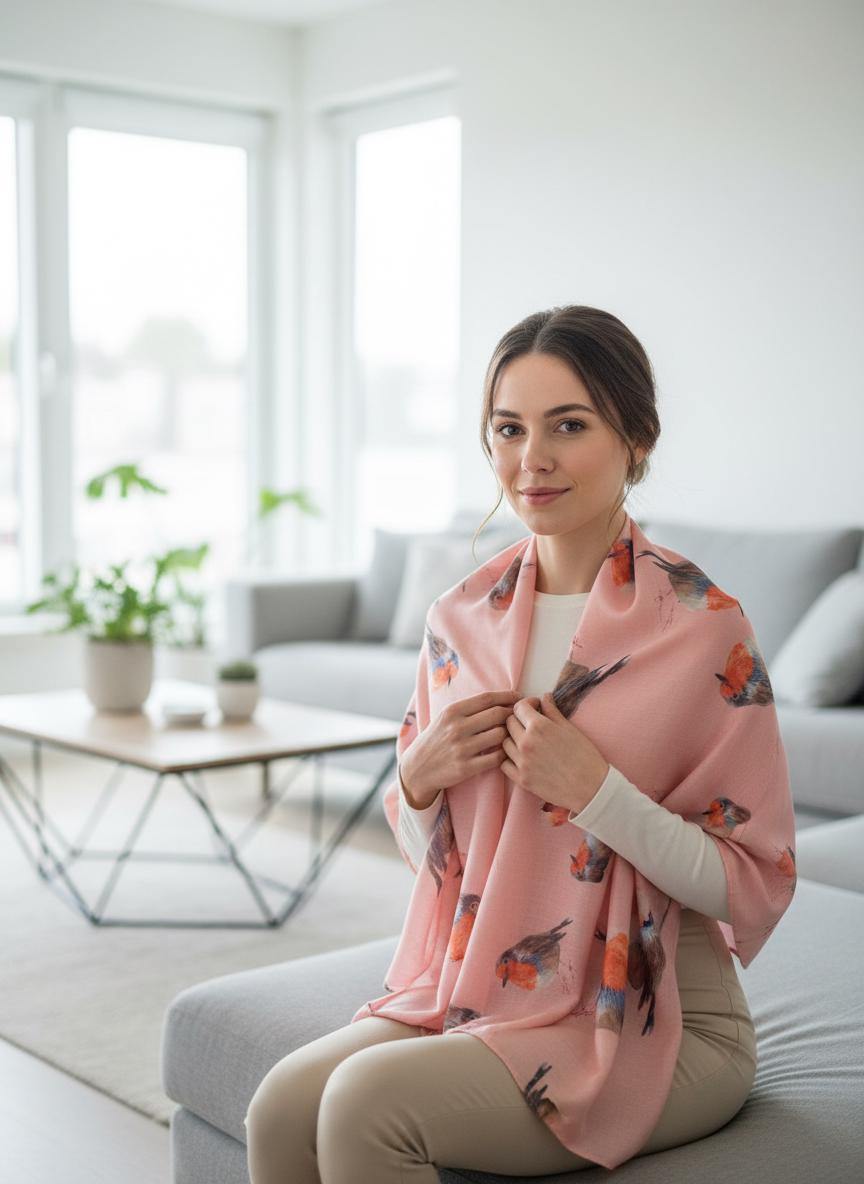 Watercolour Robin Bird Print Scarf Shawl Wrap Scarves Come With a Gift bag
