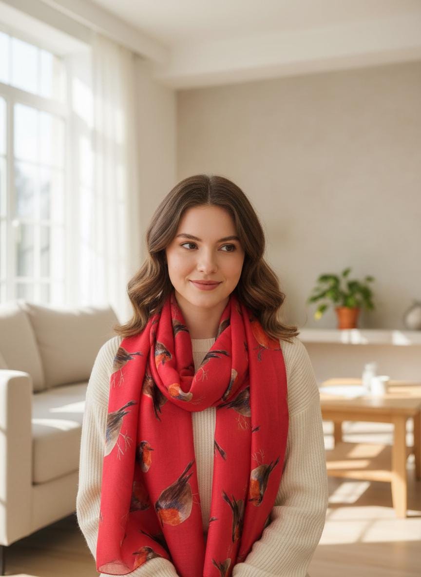 Watercolour Robin Bird Print Scarf Shawl Wrap Scarves Come With a Gift bag