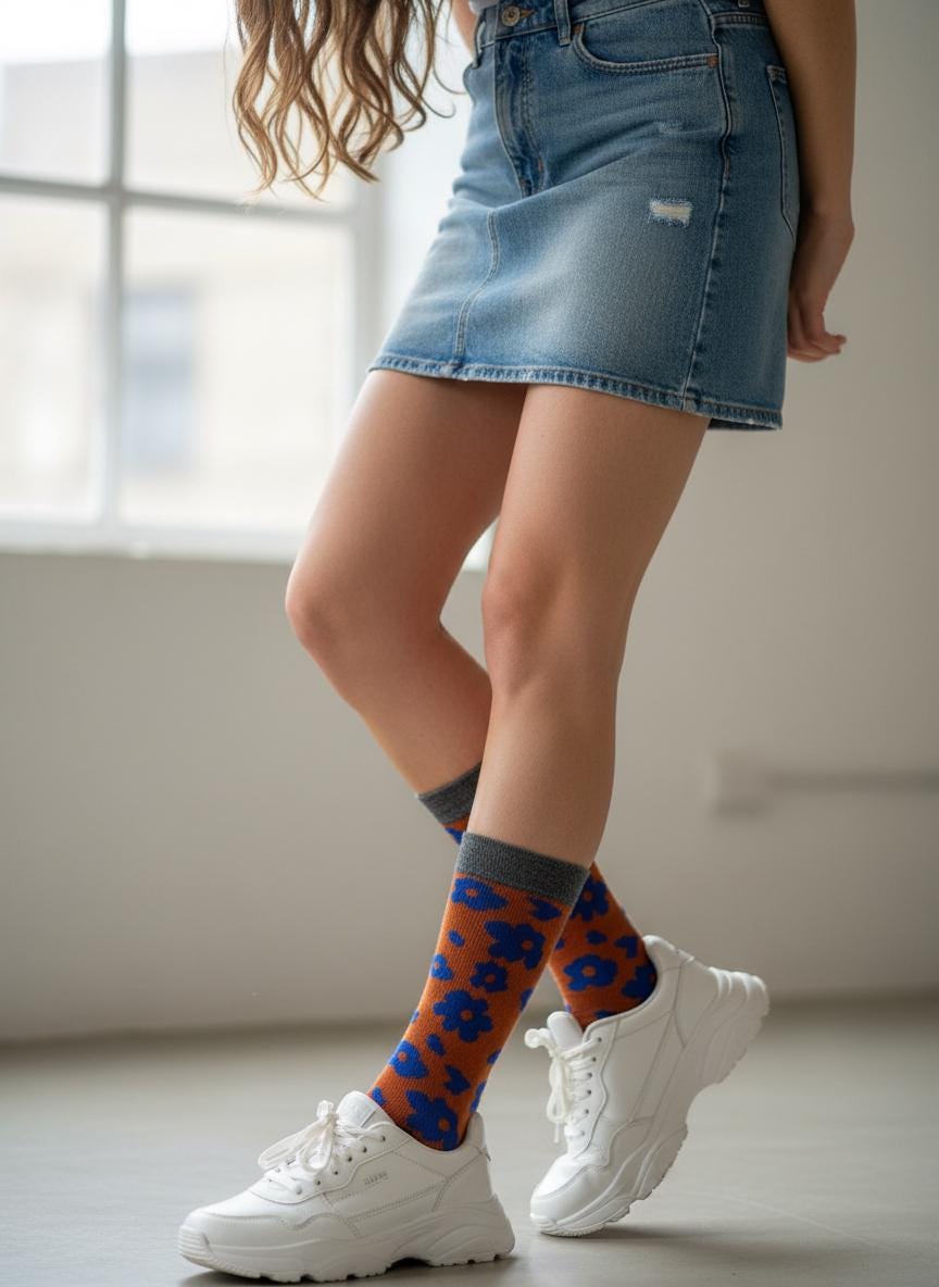 Ladies Seamless Soft Comfort Set of 7 Flower Pattern Crew Socks Premium Quality Gift for Her comes with a gift bag
