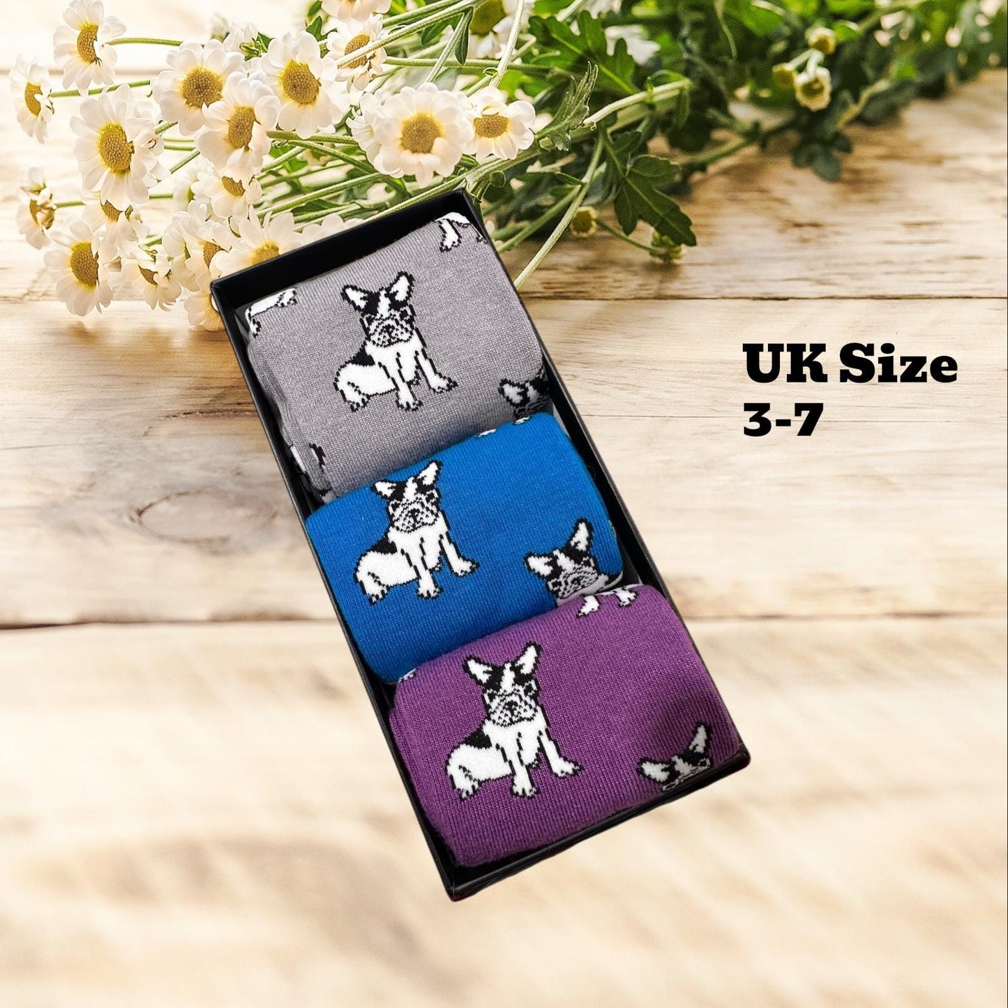 Ladies Soft Comfort Set of 3 French bulldog Crew Socks Gift for Her comes with a gift bag