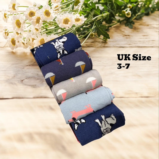 Ladies Soft Comfort Set of 5 Sailing Boat Sausage Dog French Bulldog Crew Socks Premium Quality Gift for Her comes with a gift bag