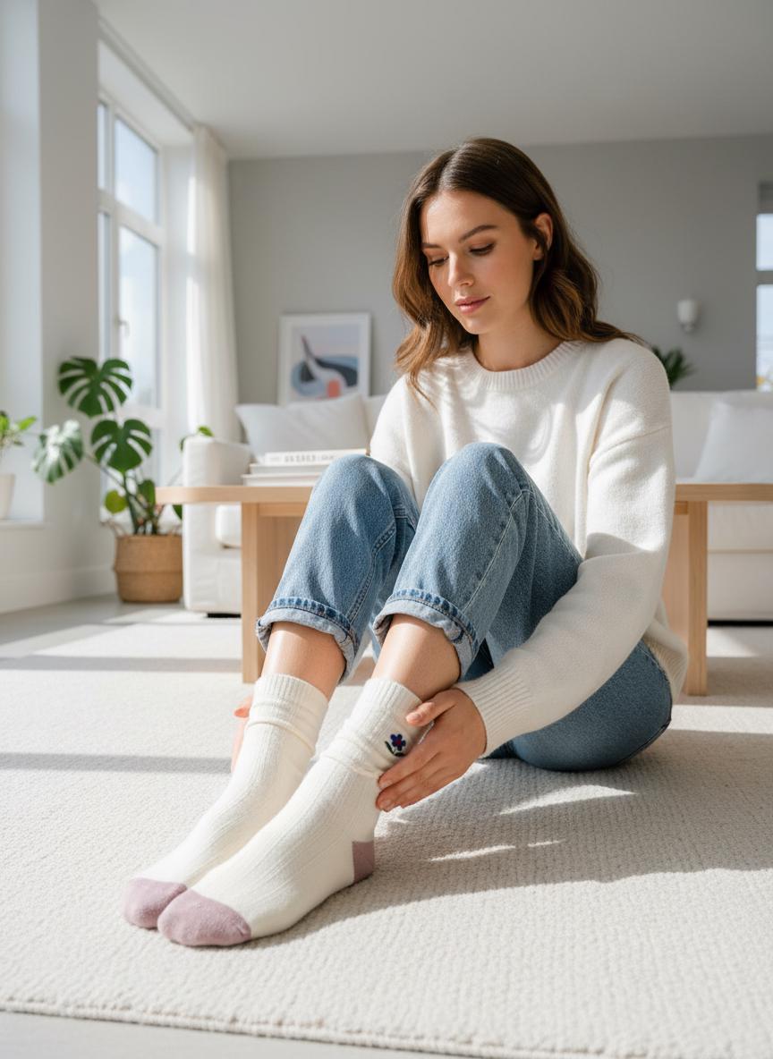 Ladies Seamless Soft Comfort Set of 3 Embroidered Floral Pattern Crew Socks Premium Quality Gift for Her comes with a gift bag