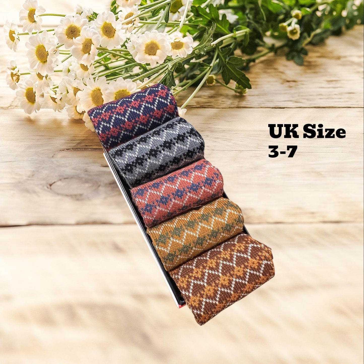 Ladies Set of 5 Crew Socks featuring Vintage-inspired all over geometric zigzag chevron knit Crew Socks Gift for Her comes with a gift bag