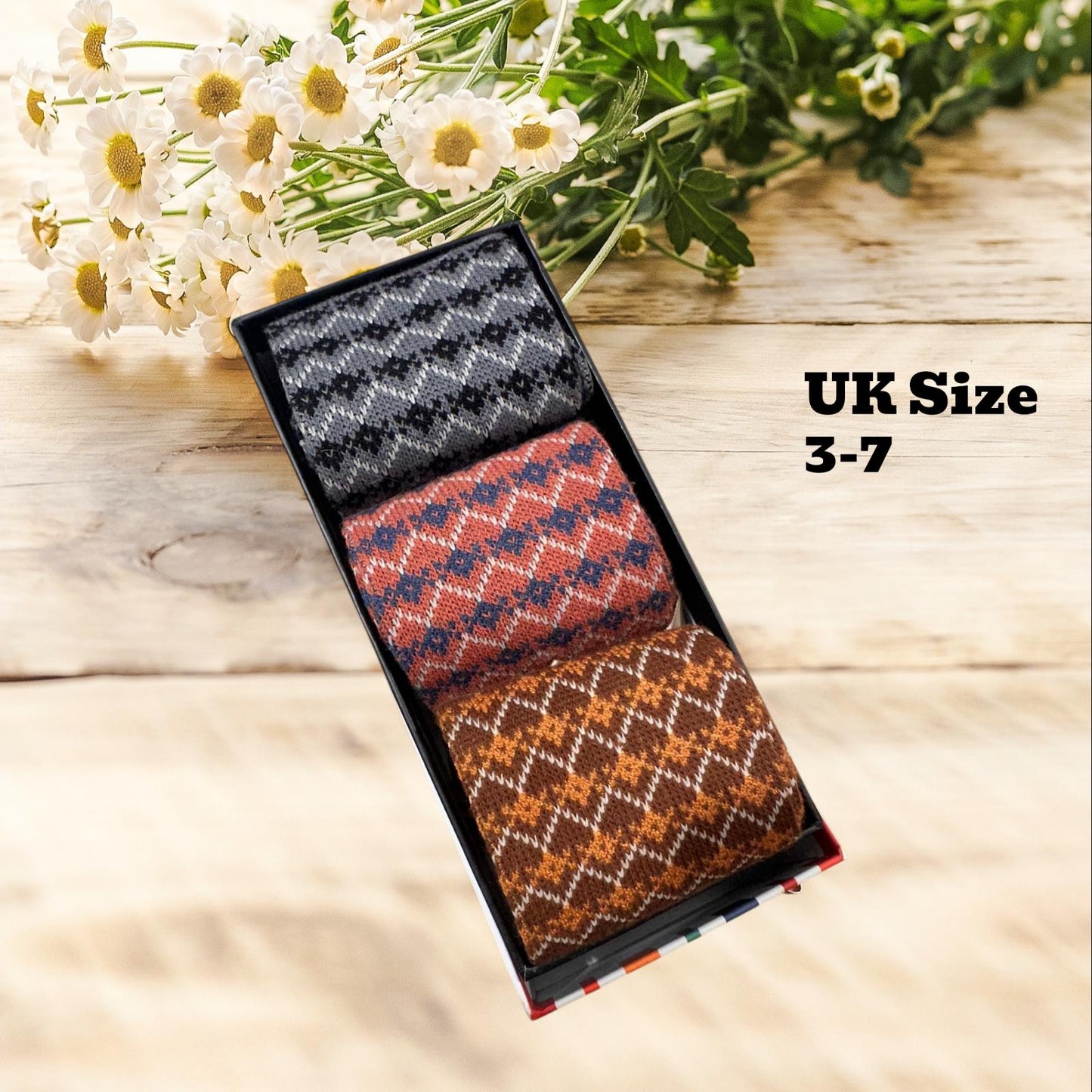 Ladies Set of 3 Crew Socks featuring Vintage-inspired all over geometric zigzag chevron knit Crew Socks Gift for Her comes with a gift bag