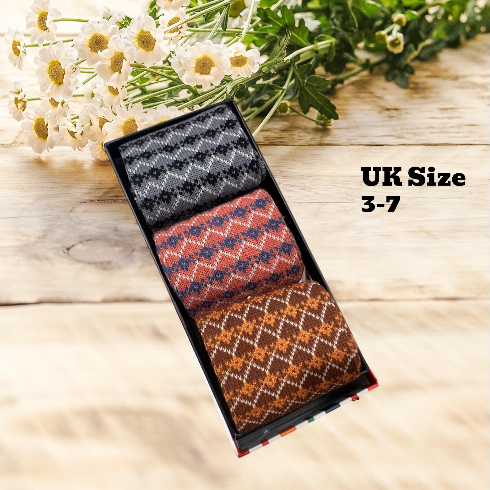 Ladies Set of 3 Crew Socks featuring Vintage-inspired all over geometric zigzag chevron knit Crew Socks Gift for Her comes with a gift bag