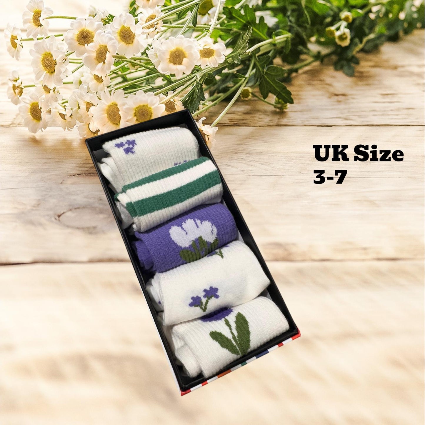 Women Set Of 5 Crew Sock Collection Floral Embroidery Dainty Spring Patterns Retro Athletic Striped Designs comes with a gift bag