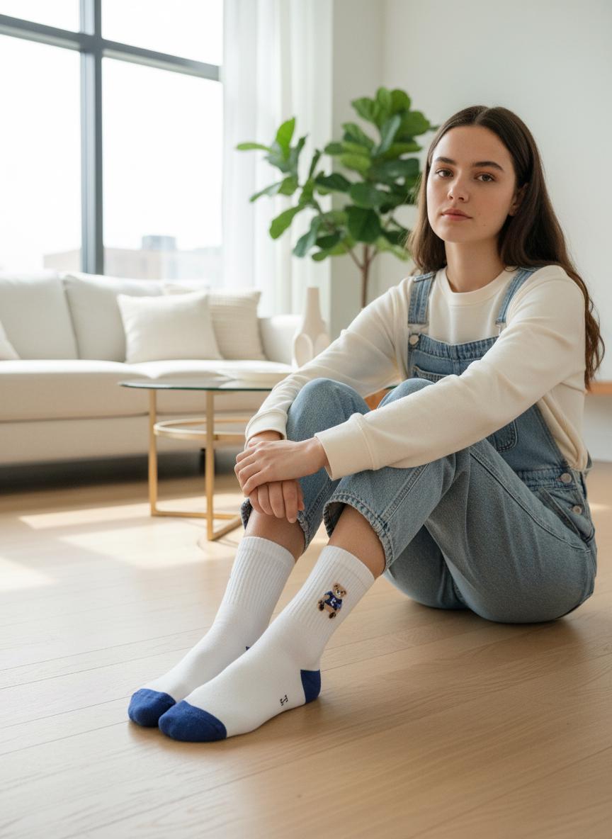 Women Set Of 5 Crew Sock Collection Floral Bear Embroidery Dainty Spring Patterns Retro Athletic Striped Designs comes with a gift bag