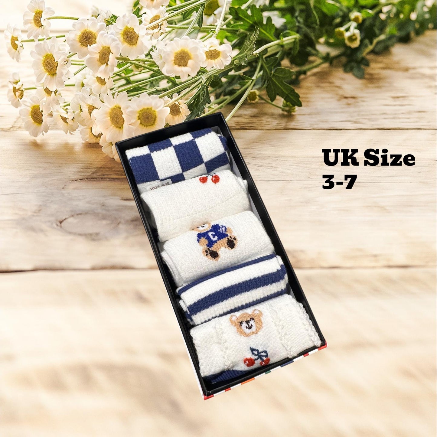 Women Set Of 5 Crew Sock Collection Floral Bear Embroidery Dainty Spring Patterns Retro Athletic Striped Designs comes with a gift bag
