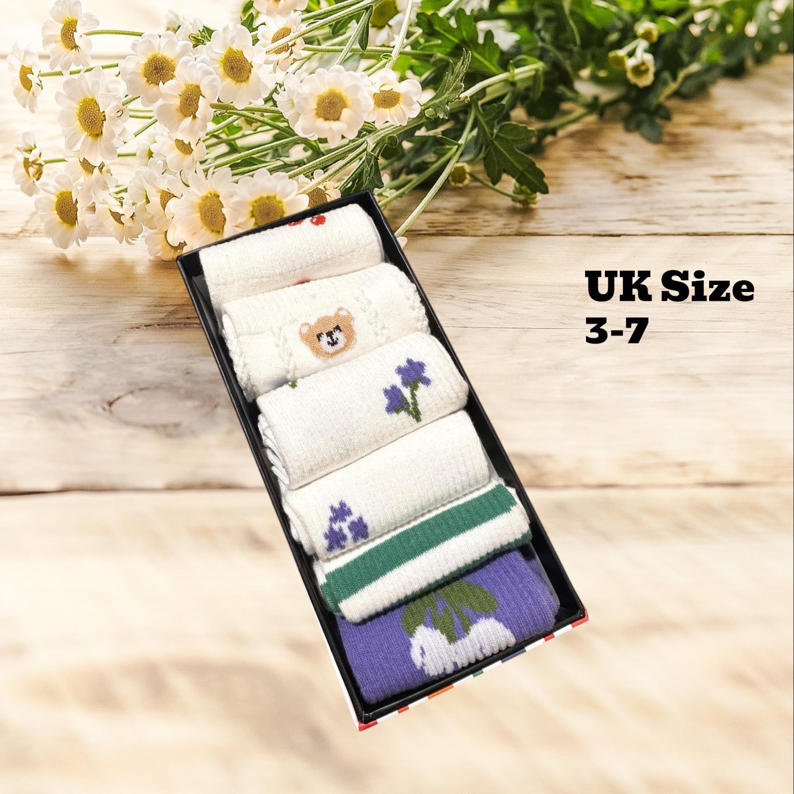 Women Set Of 6 Crew Sock Collection Floral Cherry Embroidery Dainty Spring Patterns Retro Athletic Striped Designs comes with a gift bag
