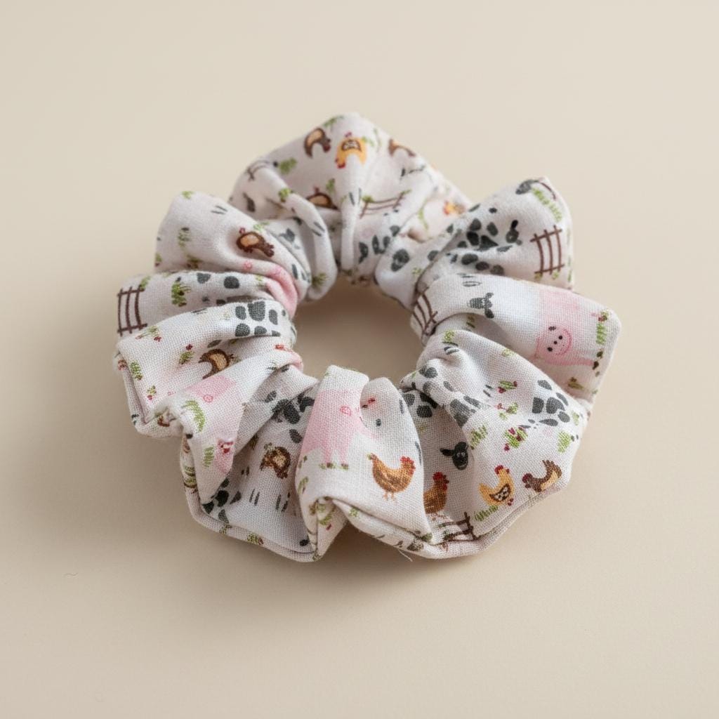 Handmade Farm Pig Sheep Chicken Pattern Scrunchie | Scrunchie Hair Tie | Cotton Polyester Hairband | Animal Pattern Scrunchies