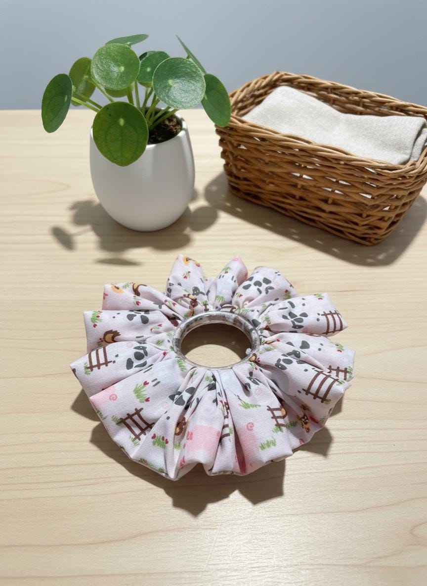 Handmade Farm Pig Sheep Chicken Pattern Scrunchie | Scrunchie Hair Tie | Cotton Polyester Hairband | Animal Pattern Scrunchies