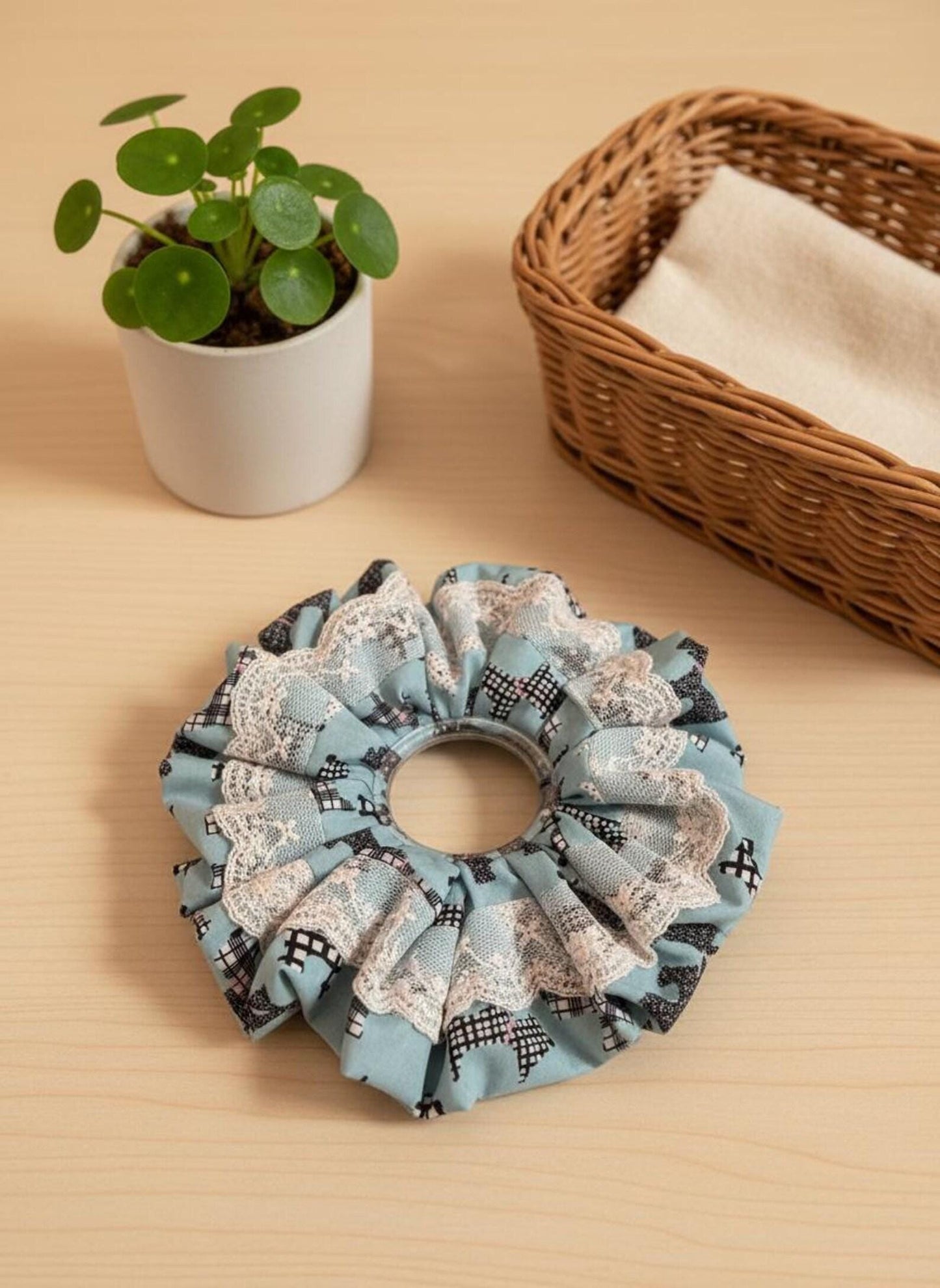 Handmade Scottie Dog Pattern With Lace Scrunchies | Scrunchie Hair Tie | Cotton Polyester Hairband | Animal Pattern Scrunchies