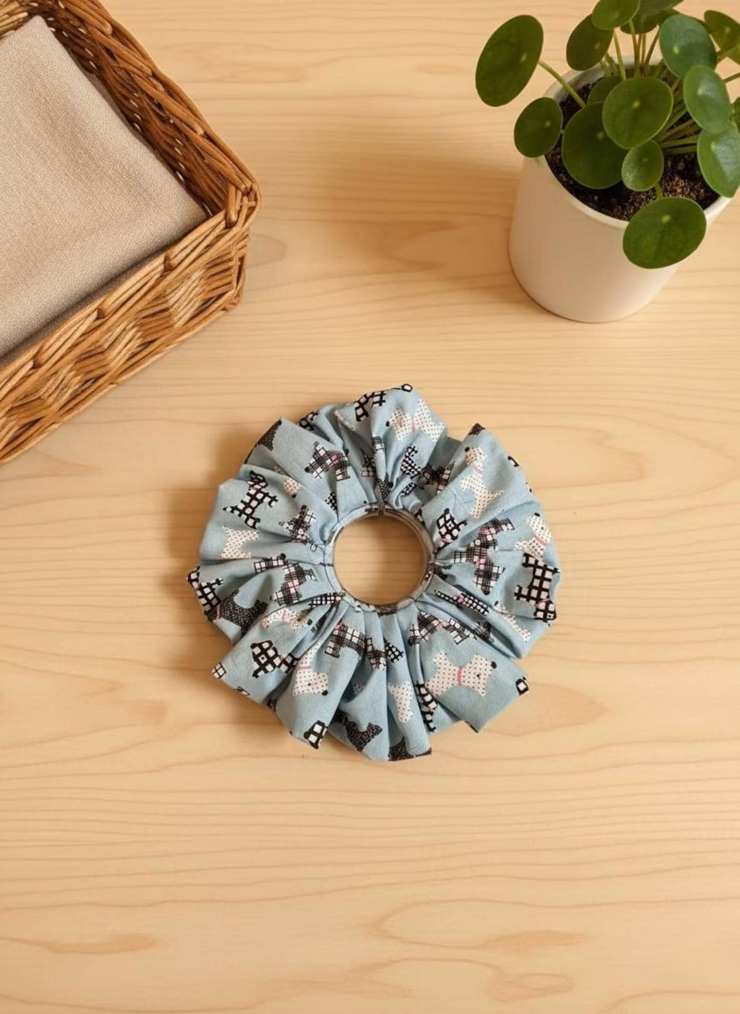 Handmade Scottie Dog Pattern With Lace Scrunchies | Scrunchie Hair Tie | Cotton Polyester Hairband | Animal Pattern Scrunchies