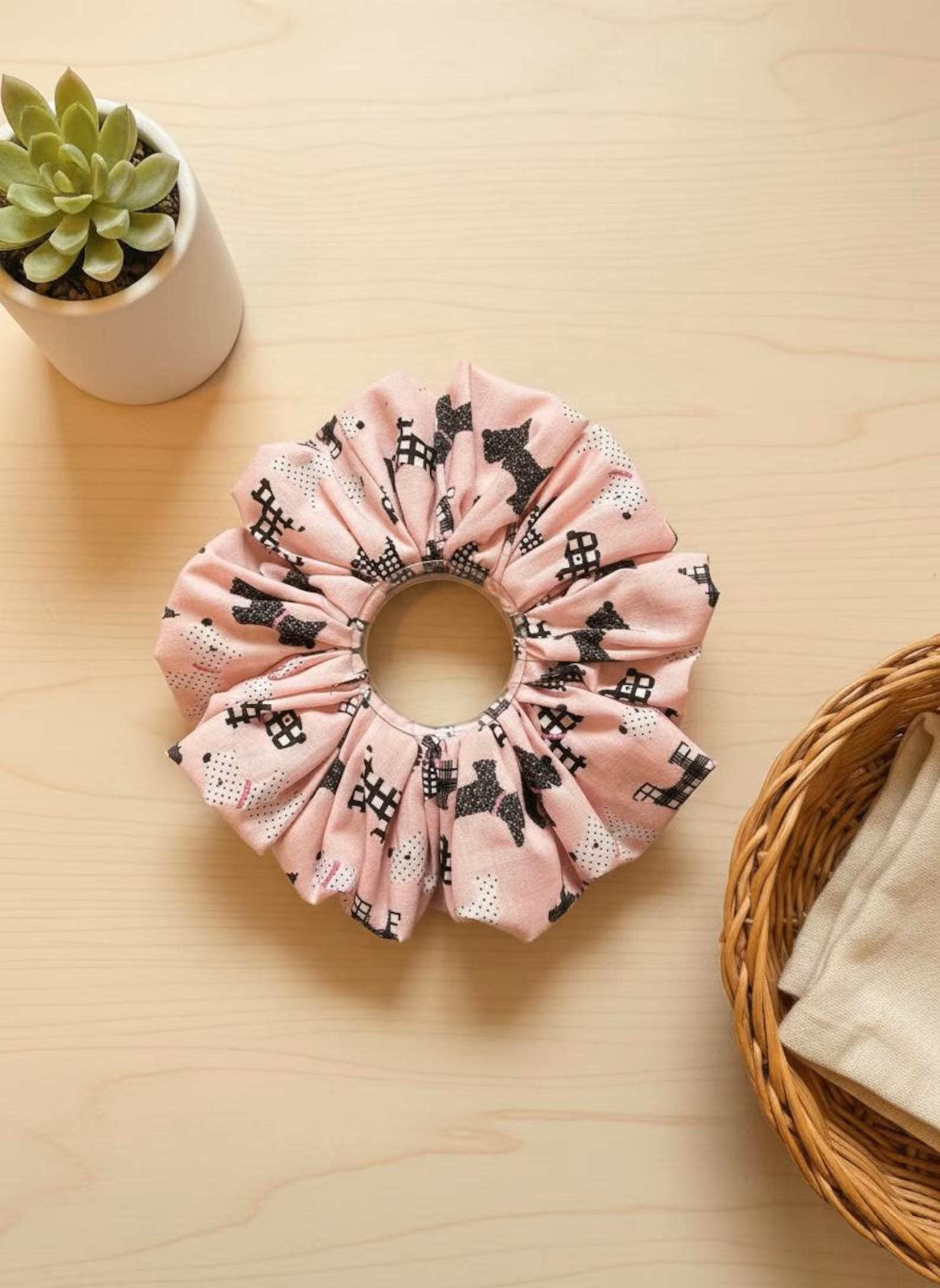 Handmade Scottie Dog Pattern With Lace Scrunchies | Scrunchie Hair Tie | Cotton Polyester Hairband | Animal Pattern Scrunchies