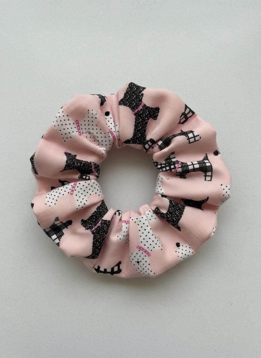 Handmade Scottie Dog Pattern With Lace Scrunchies | Scrunchie Hair Tie | Cotton Polyester Hairband | Animal Pattern Scrunchies